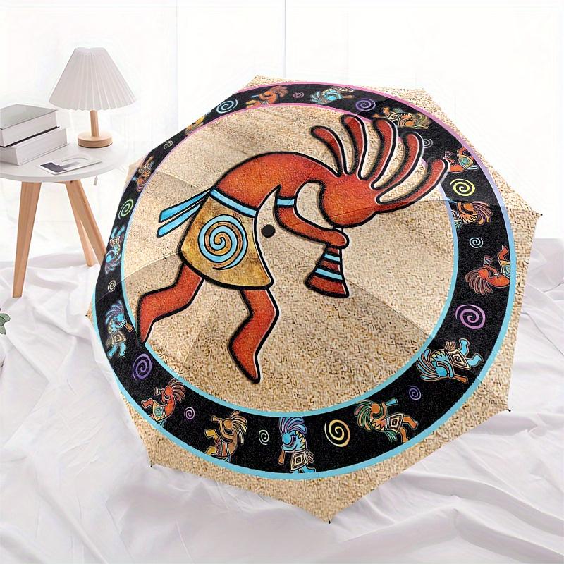 Kokopelli, Southwest Automatic Folding Umbrella 8 Ribs, Durable Iron Frame, Bright Color Pattern Compact Travel Umbrella, Suitable for Outd