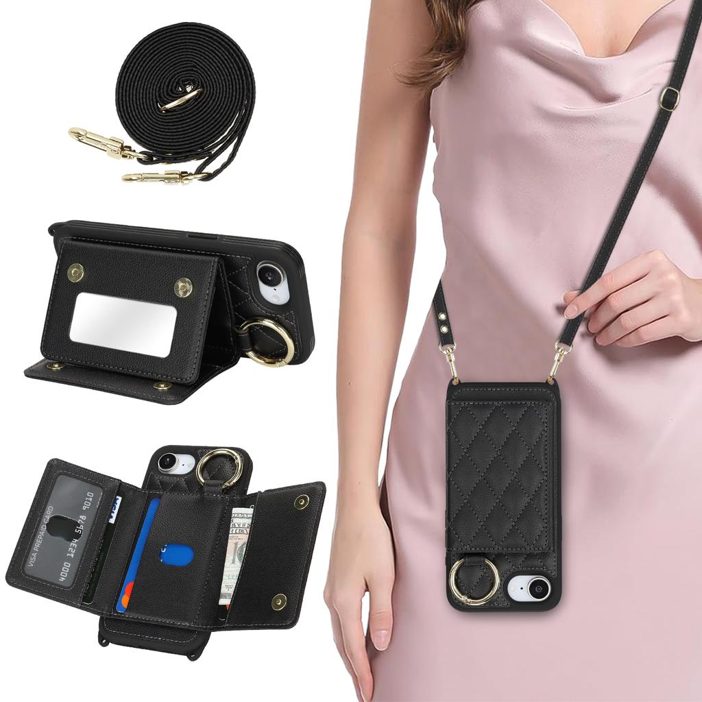 For iPhone 16e Case with Lanyard/Mirror/Card Holder Grids Pattern RFID Blocking Phone Cover