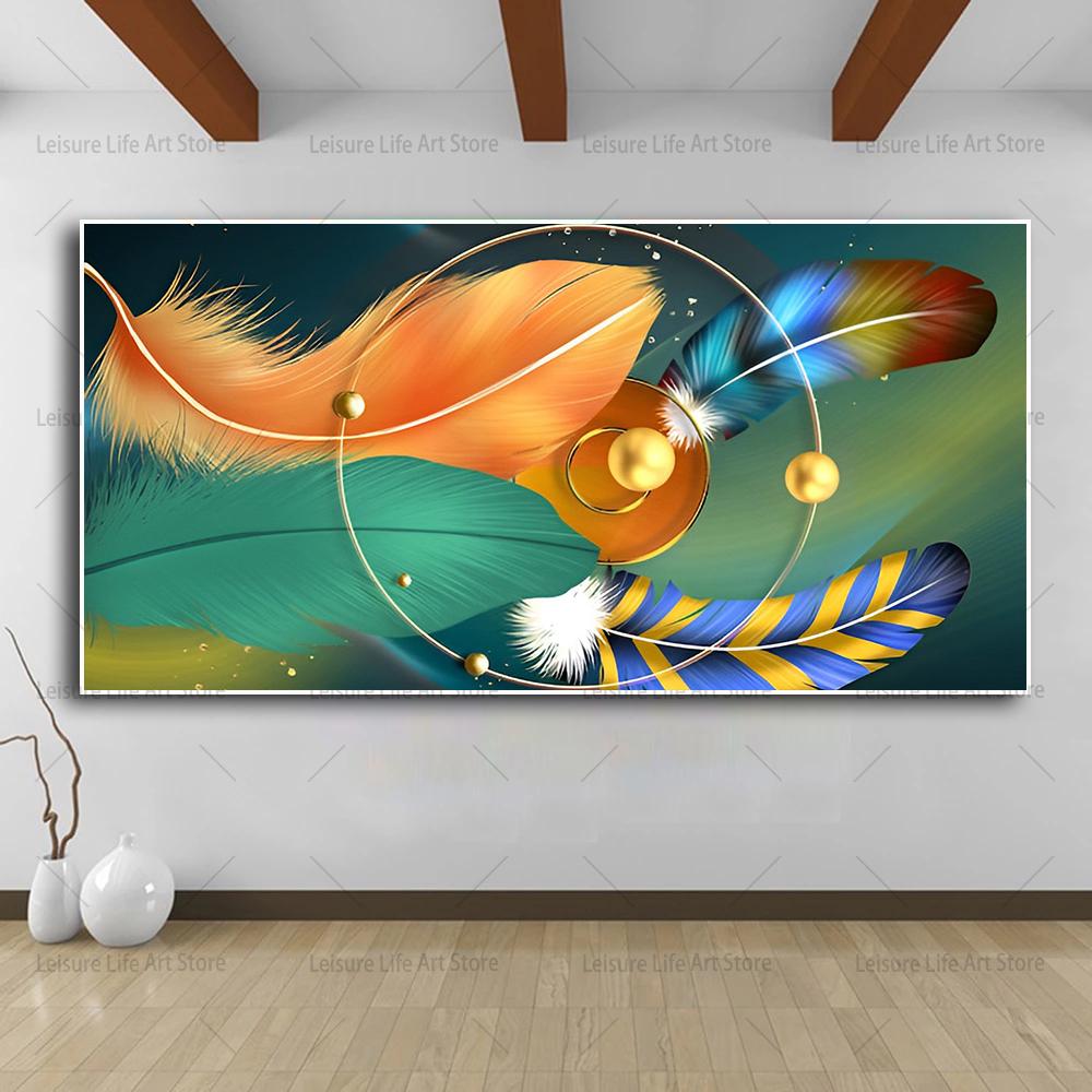 Абстрактные красочные перья, холст, живопись, настенное искусство, современное золотое перо, художественные работы, постеры и принты для декора стен гостиной