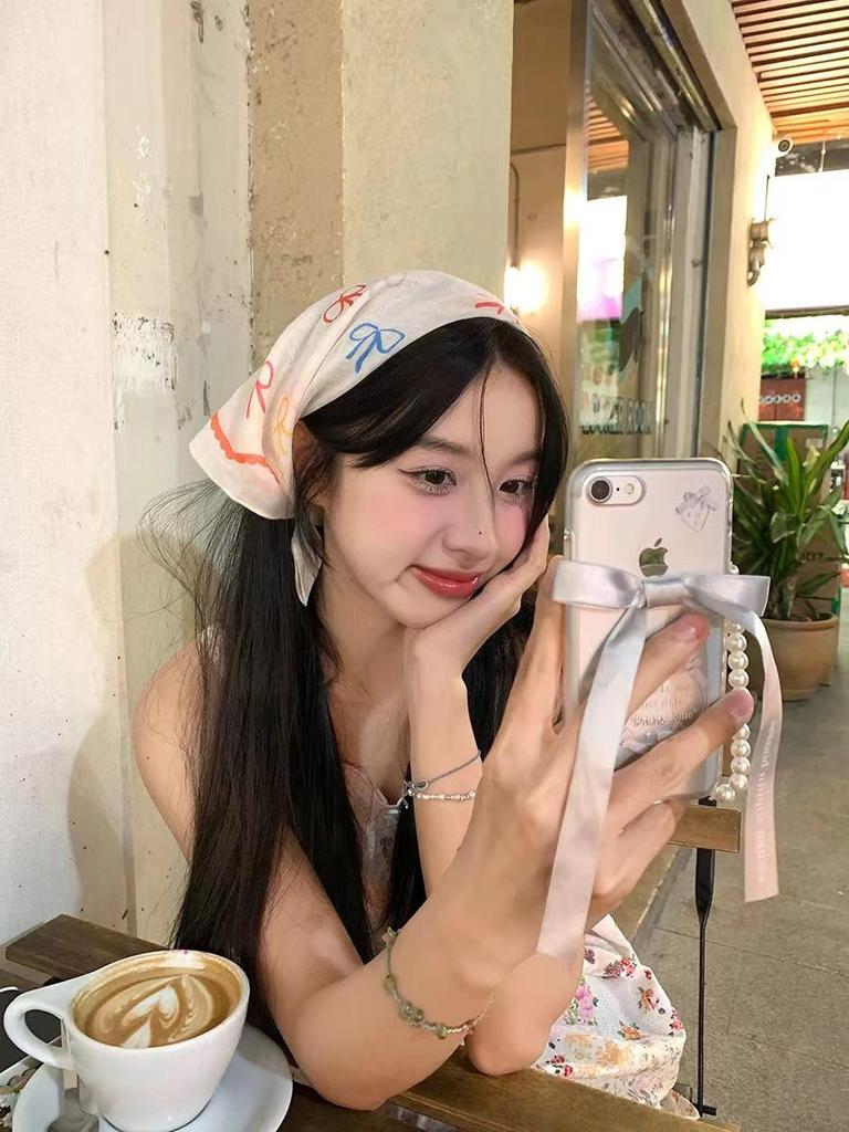 French Lace Triangle Scarf with Beige Floral Design, Retro Headscarf, Hairband, Bag Accent, and All-Match Ribbon Scarf