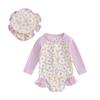 Toddler Girls Rash Guard Swimsuit Rompers Long Sleeve Patchwork Floral Print Baby Ruffles Bathing Suit Swimwear with Swim Cap