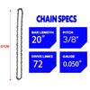 20 Inch Chainsaw Chain 3/8" Saw Chains 72 Drive Link Electric Saw Accessory Chainsaw Saw Chain 0.050" Chain Gauge
