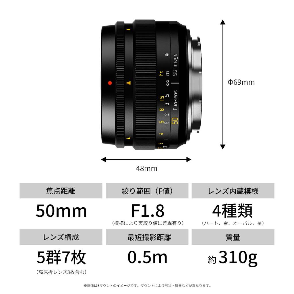 50mm Phantom Z Single Large Variable 4 Pattern Bokeh Options MF Black SG-image F1.8 Lens, Full-Frame Compatible, Mount, Focus, Aperture, Aperture,