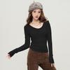 Temperament V-neck long-sleeved slim fit T-shirt with spring and autumn pleat design, short base fashion top