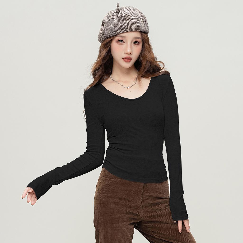 Temperament V-neck long-sleeved slim fit T-shirt with spring and autumn pleat design, short base fashion top