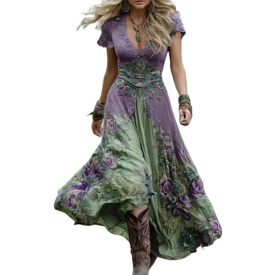Женское длинное платье с цветочным принтом, короткий рукав, V-образный вырез, расклешенное платье, бохо, струящееся, А-силуэта, повседневное, для выпускного, вечеринки, на свадьбу