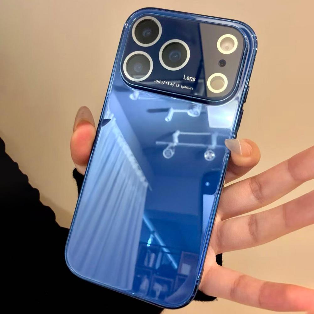 Glass Glossy Window Case For iPhone 17 Air 16 15 14 13 12 Pro Max Plus Shockproof Plating Armor Original Phone Covers