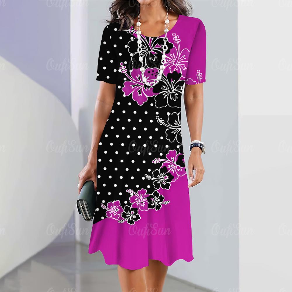 New Vintage Women's Dresses Floral Patchwork Printed Elegant Casual Short Sleeve Dress Y2k Loose Oversized Fashion Dress 2023