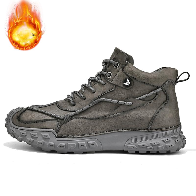 38-46 Модные зимние ботинки для мужчин, плюшевые кожаные ботинки с ручным швом, высокие походные ботинки, нескользящие, теплые, мужские ботинки, большие