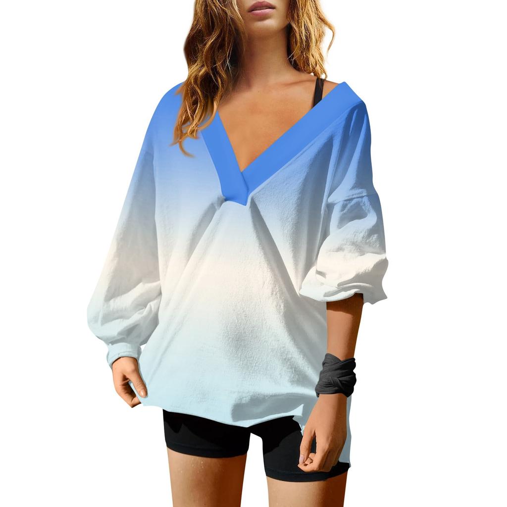 Женская мода градиентный цвет V-образный вырез длинный рукав свободный пуловер свитшот топ