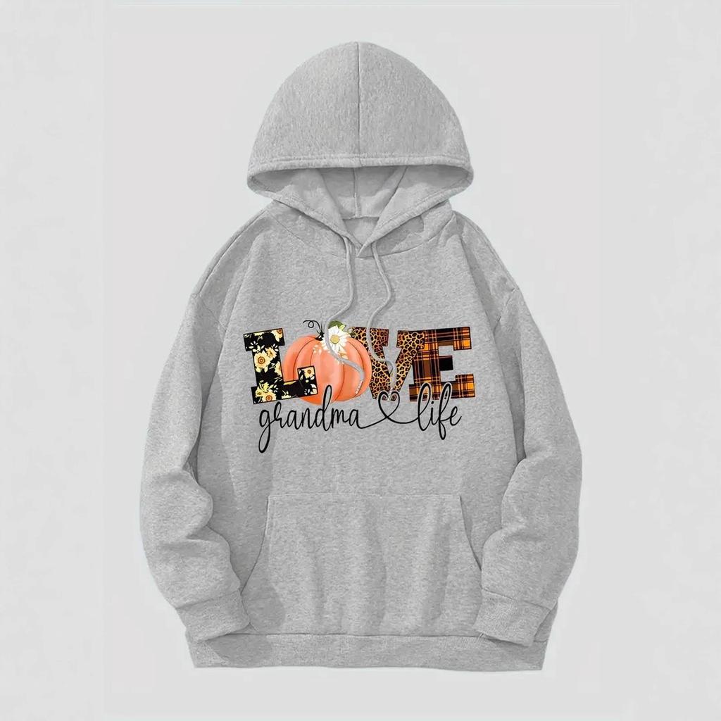 Женские весенне-осенние повседневные худи с капюшоном, длинным рукавом и большим карманом, пуловер с принтом тыквы и надписью LOVE на Хэллоуин