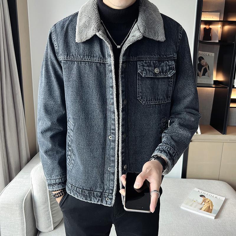 New Winter Sherpa Men's Thickened Jacket Denim Plus Velvet Lapel Top Casual Trendy Plus Size Jacket