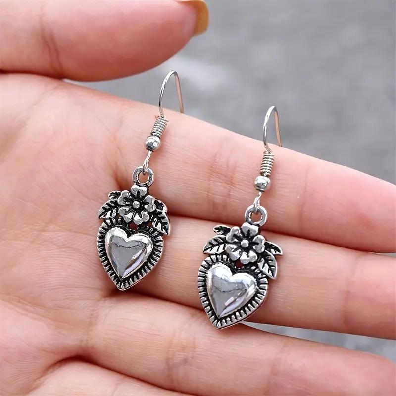 Huitan Vintage Antique Color Flower Heart Design Dangle Earrings for Women Temperament Ear Accessories Aesthetic Jewelry