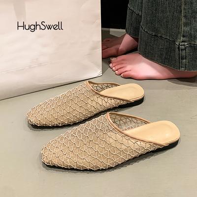 Модные Элегантные Туфли-Мюли из Кружева и Сетки Женские Закрытый Носок Вязаная Сетка Шлепанцы-Слайды Женский Дизайн Бренда Дышащие Сандалии-Сетка