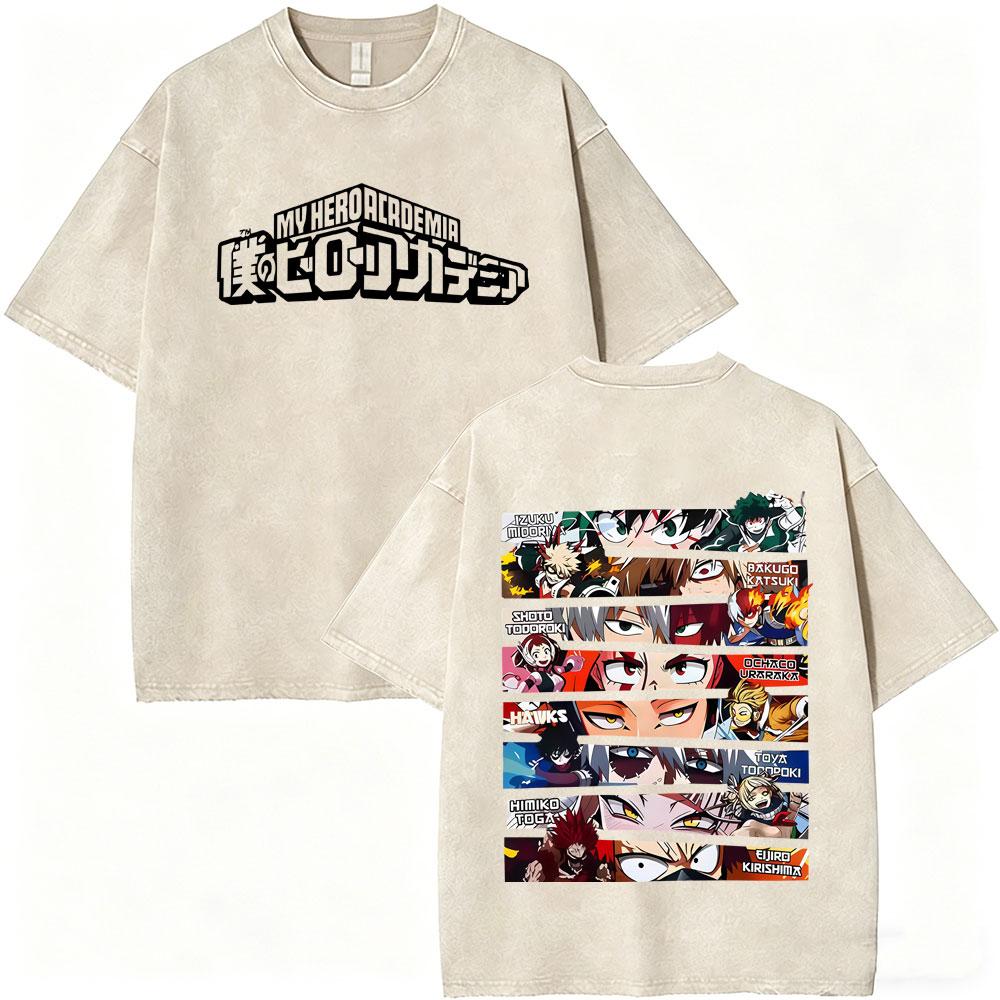Anime My Hero Academia Shoto Todoroki Vintage Washed Tshirt Men Women Casual Retro Oversized T Shirts Cartoon Harajuku Tshirts