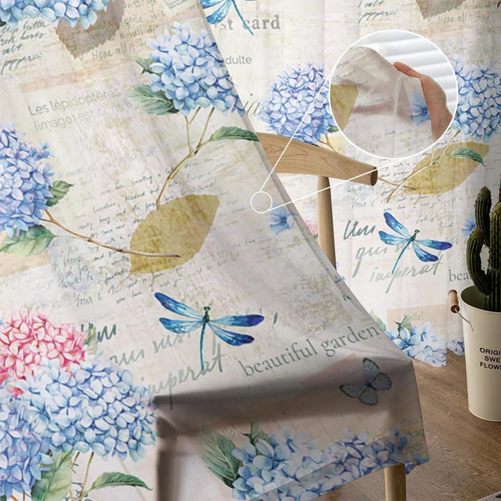 Flower Hydrangea Watercolor Sheer Curtains Transparent Voile Tulle for Bedroom Window Holiday Decoration