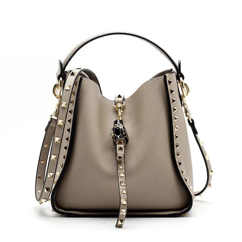 Роскошная женская сумка через плечо из кожи Lychee Rivet Fashion Senior Leisure Hot Bucket Bag Handbag