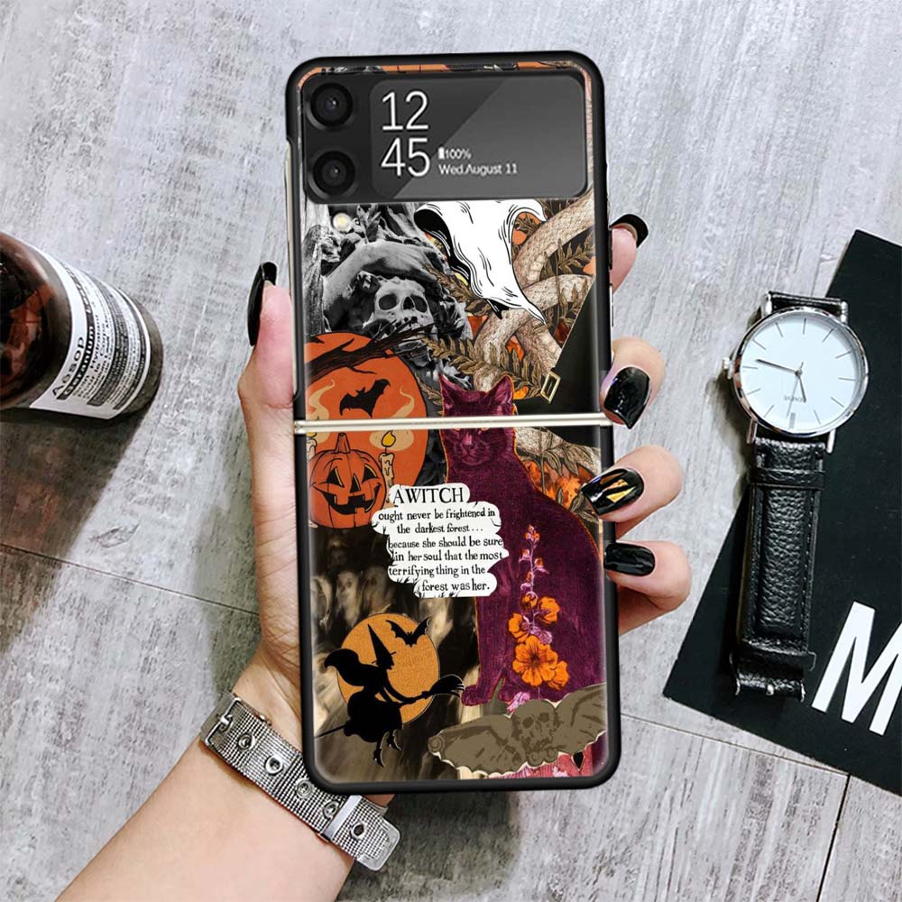 Halloween Fall Art Witch Cat Cases For Samsung Galaxy Z Flip 4 5 6 7 3 Z Flip7 Flip6 Flip4 Flip5 Flip3 5G Hard Shockproof Fundas