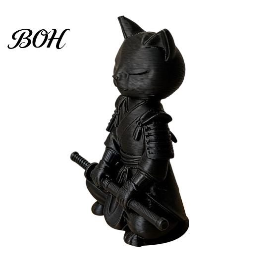 Bay Window Cat Statue 3D Printed Knight Figurine, Meditating Desk Decor with Zen Warrior Pose, Figure for Display Minimalist Frosted Animal Sculpture