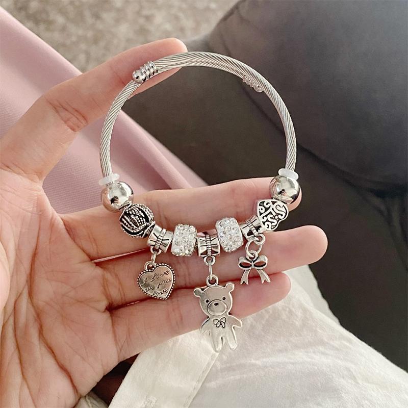 Антикварный браслет с подвесками из бисера, подвеска в виде медведя, сердца, любовь, регулируемый браслет, женский подарок в виде ювелирных изделий своими руками