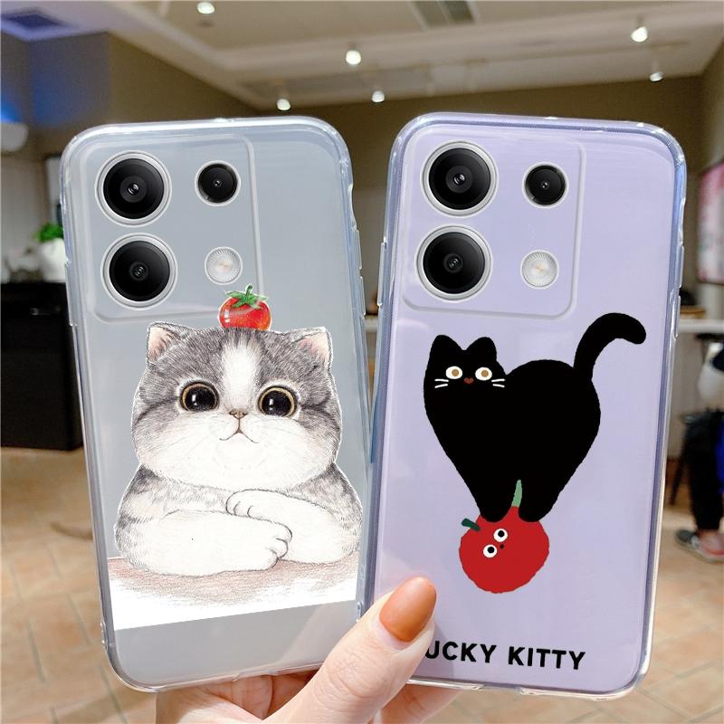 Cute Cat Patterned Soft Silicone Clear Case For Xiaomi Redmi 13C Note 13 Pro Samsung A55 A54 A34 S24 M35 iPhone 15 Camera Protective Shockproof Cover