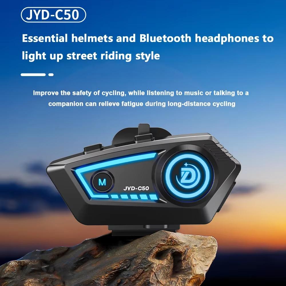 JYD-C50 Мотоциклетный шлем Bluetooth 5.4 Гарнитура Свободные руки Звонок IPX67 Водонепроницаемый 500 мАч Динамики гарнитуры Hi-Fi Стерео RGB подсветка