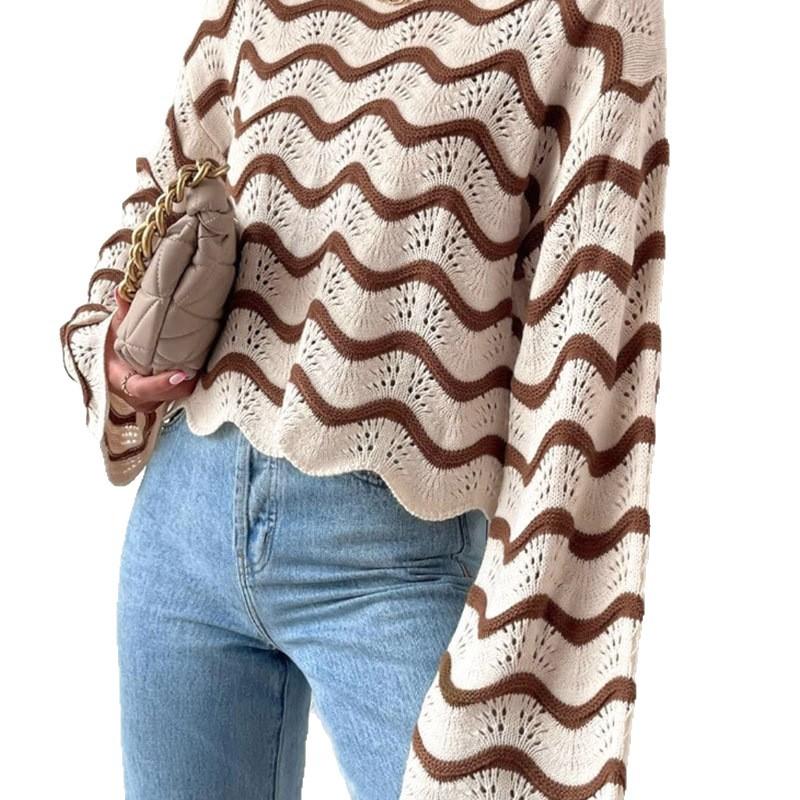 European And American Autumn New Women'S Sweater, Loose Knitted Horn Sleeve Crew Neck Pullover Top Women