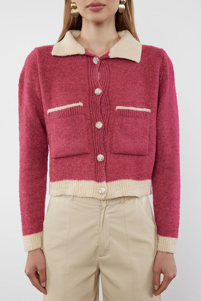 Women's Fashionable Stylish Cardigan Pink Boucle Polo Collar Coat Look Knitwear Cardigan