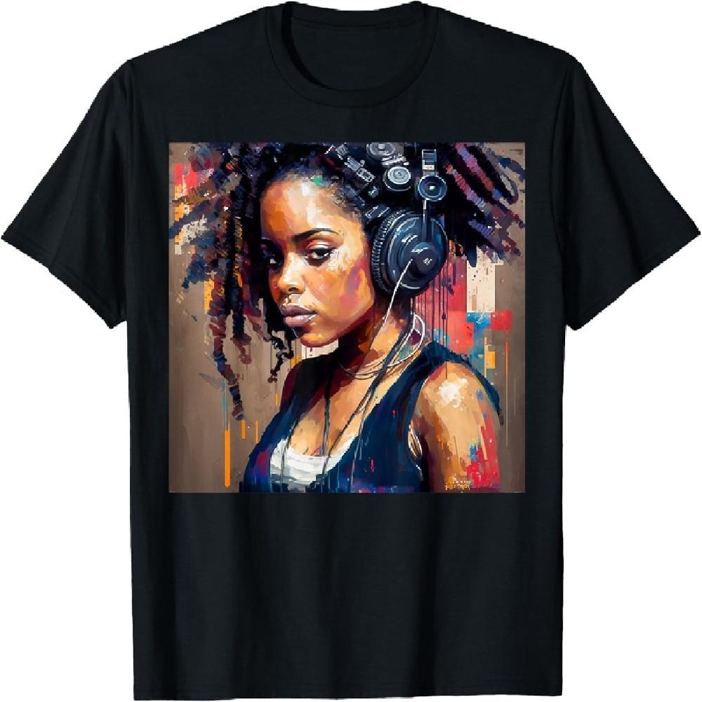 Чернокожая женщина диджей слушает музыку футболка для афроамериканских женщин