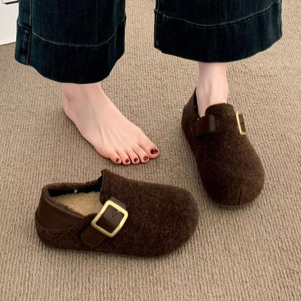Ретро скрытый подъем две носки Birkenstocks новые осенне-зимние шерстяные ленивые толстоподошвенные бархатные хлопковые туфли