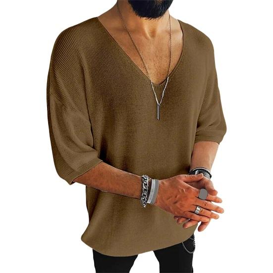 Летняя мужская футболка трикотажная с v-образным вырезом и половиной рукавов, однотонный свободный пуловер, эластичный повседневный спортивный топ средней длины, трикотаж