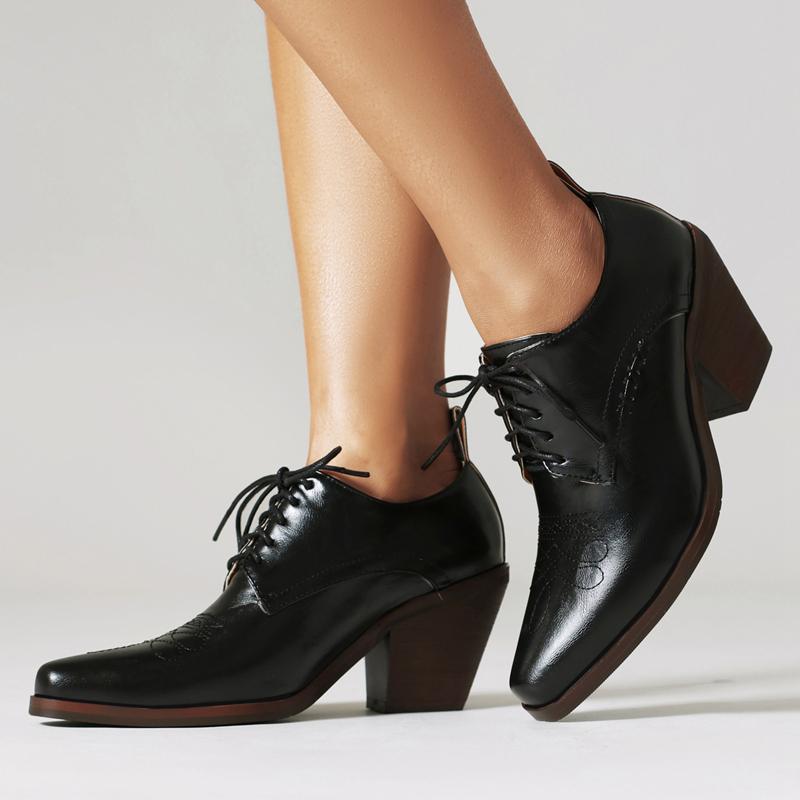 New Spring Autumn Women Brogue Wedge Derby Pumps PU Leather Square High Heels Sewing Lace Up Elegant 7cm Ladies Oxford Shoes 45