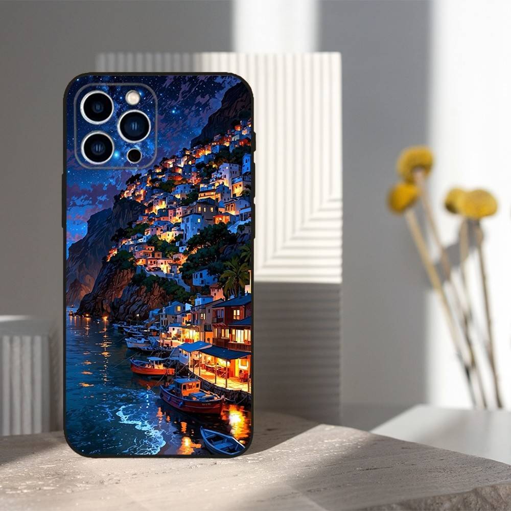 Painted Art House Scenery Case For iPhone 15,16,12,14,17,13,11,Plus,Pro Max,8,7,XR,SE,XS,X,Mini,Soft Silicone Black