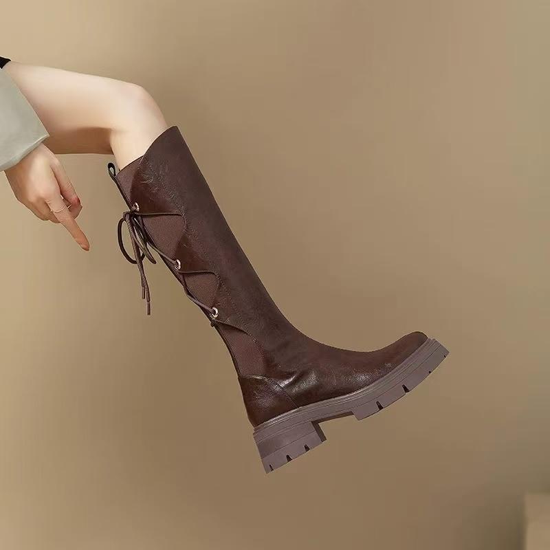 Дизайн Sense Кожаные Ботильоны на Платформе с Круглым Носком Женские Винтажные Задняя Шнуровка Толстый Высокий Каблук Ботфорты До Бедра