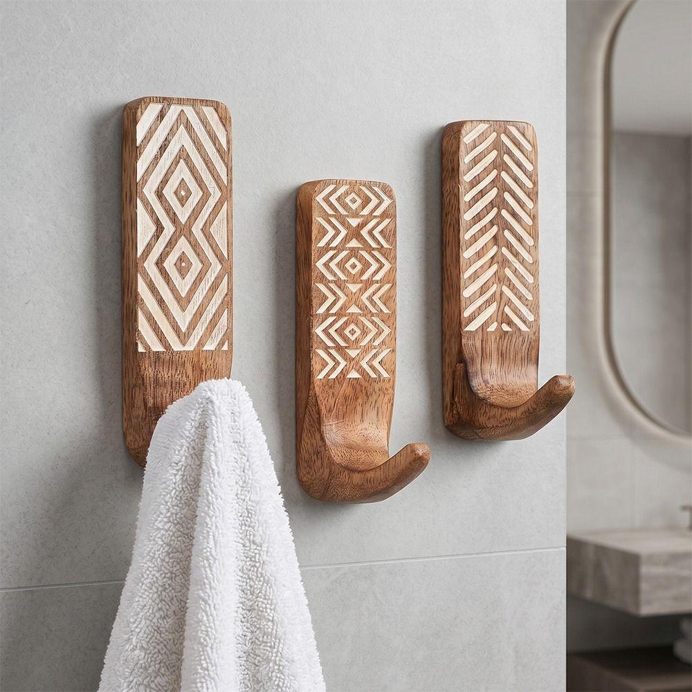 3pcs Wooden Wooden Wall Hooks Space Saving Home Organizer Heavy Duty Wall Hanging Hanger  Porch