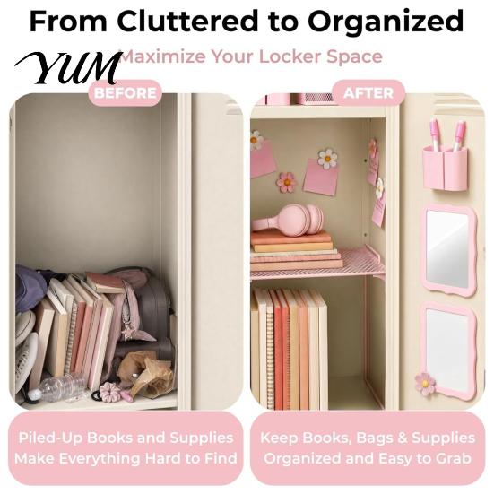 Locker Organization Accessories 15Pcs/Set Pink for School Girls, with Shelf, Dry Erase Whiteboard, Girls Supplies Markers, Mirror, Pen Holder, Flower