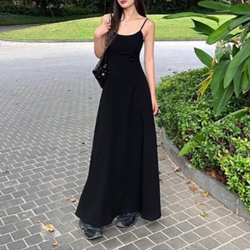 Spaghetti Strap Dresses Women Retro Sexy Slim Simple Daily Streetwear Midi Trendy Pure Summer Ladies Sleeveless