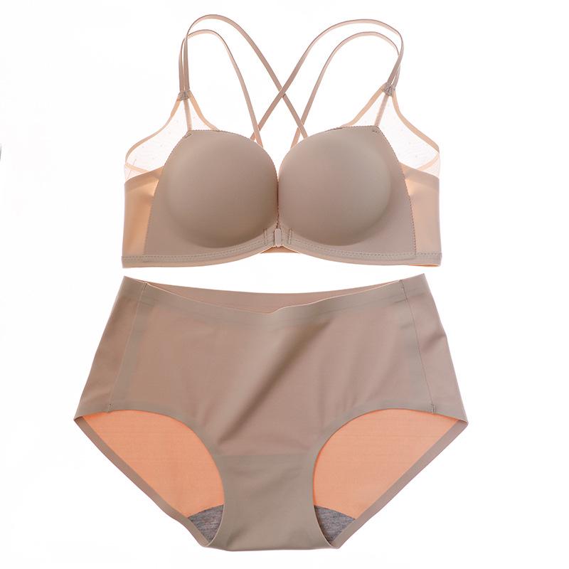 Japanese Light Cotton Lace Seamless Push-Up Bra Set with Front Buckle and Stylish Back Design