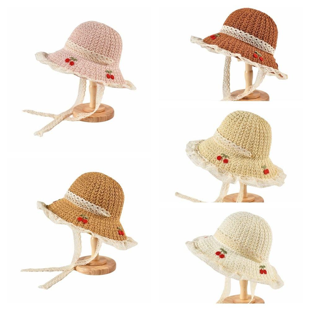 Cherry Embroidered Straw Fisherman Hat Lace Woven Bucket Hat Unique Women Sun Hat Ladies