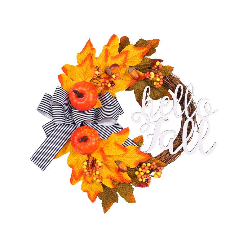1 Pc HELLO FALL Front Door Hanging Wreath, Harvest Festival Decor Wreath, Pumpkin and Maple Leaves Decor Garland, Decoratibe Flowers Wreath