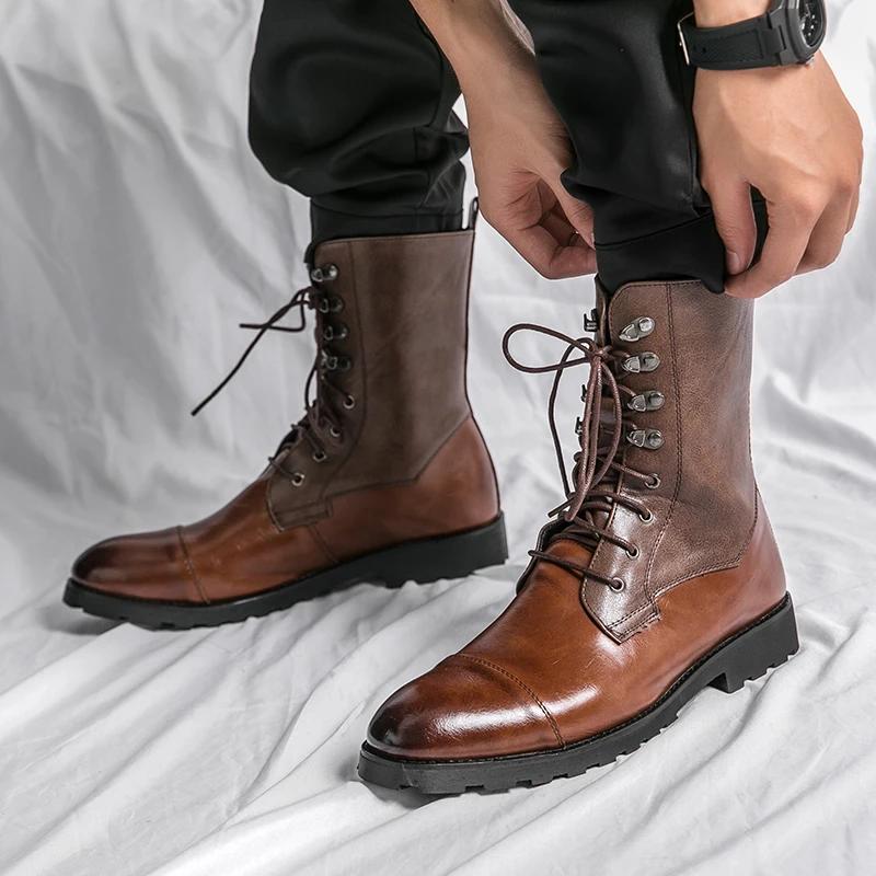 Ankle Boots for Men Brown Black Business Round Toe Lace-up Pu Mens Boots Size 38-48 Motorcycle Boots