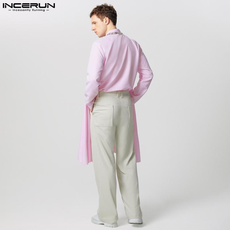 INCERUN Мужские рубашки с воротником-стойкой, длинным рукавом, пуговицами, слоями, повседневные топы