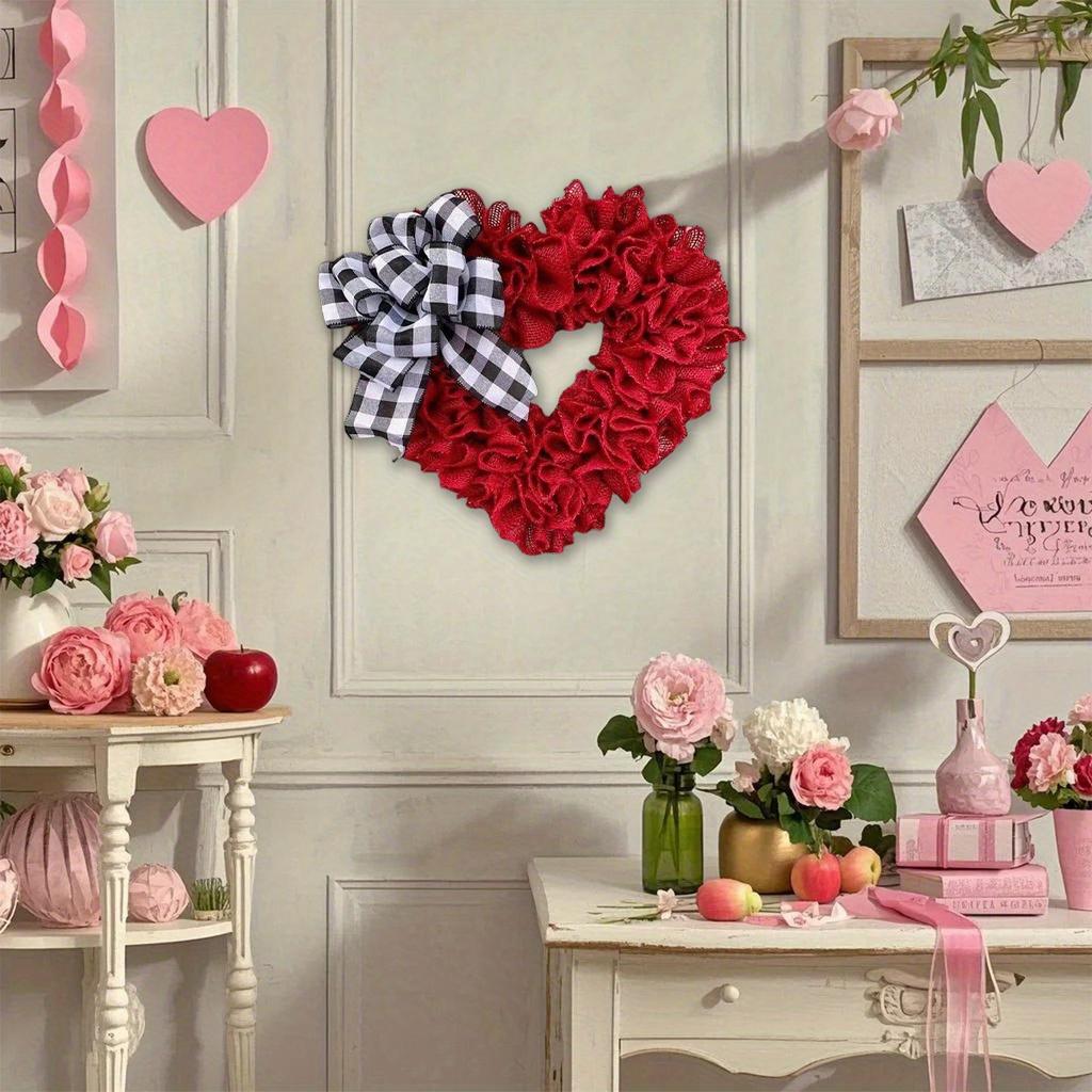 35 см венок в форме сердца ко Дню святого Валентина, подвесная табличка для входной двери, венок из мешковины в форме сердца с клетчатыми бантами для улицы, дома, свадьбы, гирлянды для домашнего декора