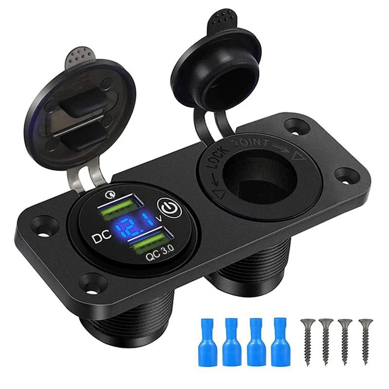 Водонепроницаемая розетка-прикуриватель Quick Charge 3.0, двойной USB-порт 12V/24V для автомобиля, фургона, лодки, с LED-вольтметром, сенсорным переключателем