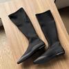 Simple Leather Flat-bottomed Elastic Boots Women's French Square Head Thin Boots Tall Knight Boots Long Boots