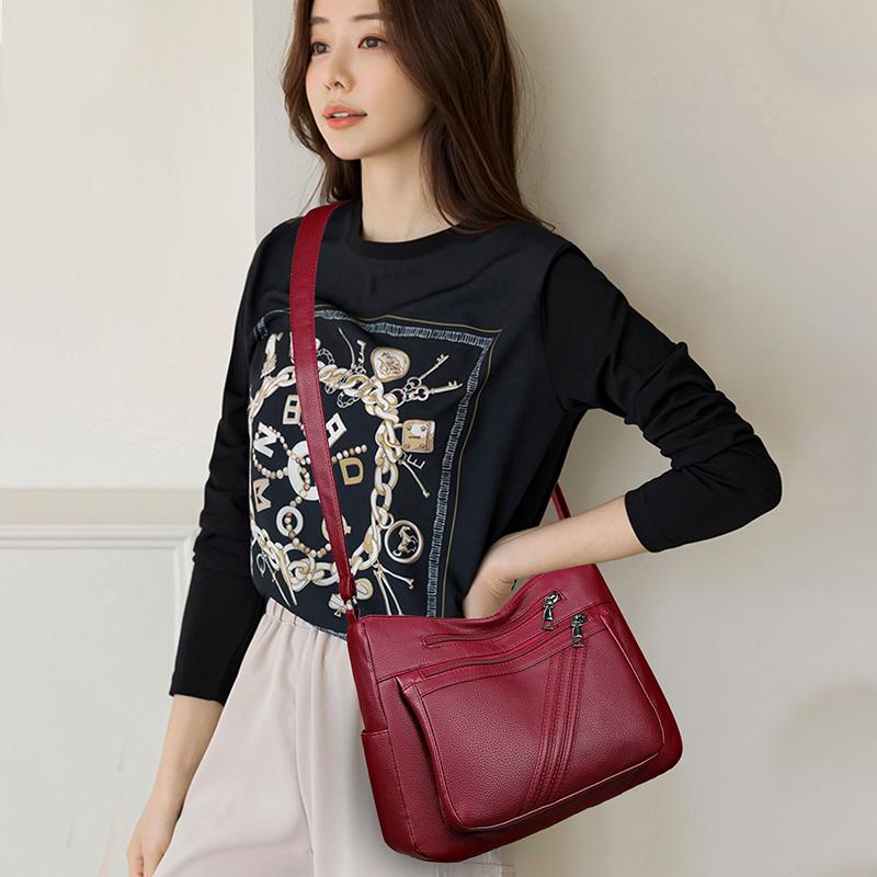 Women's Small Square Bag Shoulder Bag Soft Leather Mother Bag Multi-Layer Bag