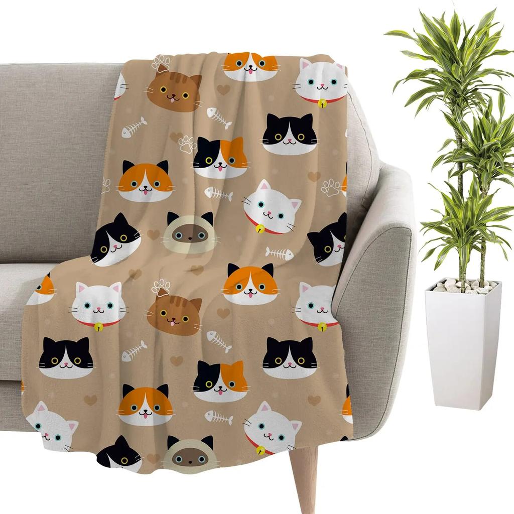 Cute Cat Kawaii Animal Design Flannel Throw Blanket Lightweight Warm Cozy Gifts for Kid and Adults Gift Suitable Couch Bed Chair