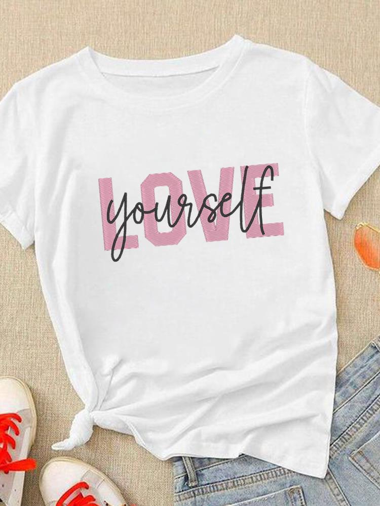 (Азиатский размер) Симпатичная женская модная одежда с надписью Love Heart Trend, повседневная футболка с коротким рукавом, женская футболка с принтом, футболки с графическим рисунком