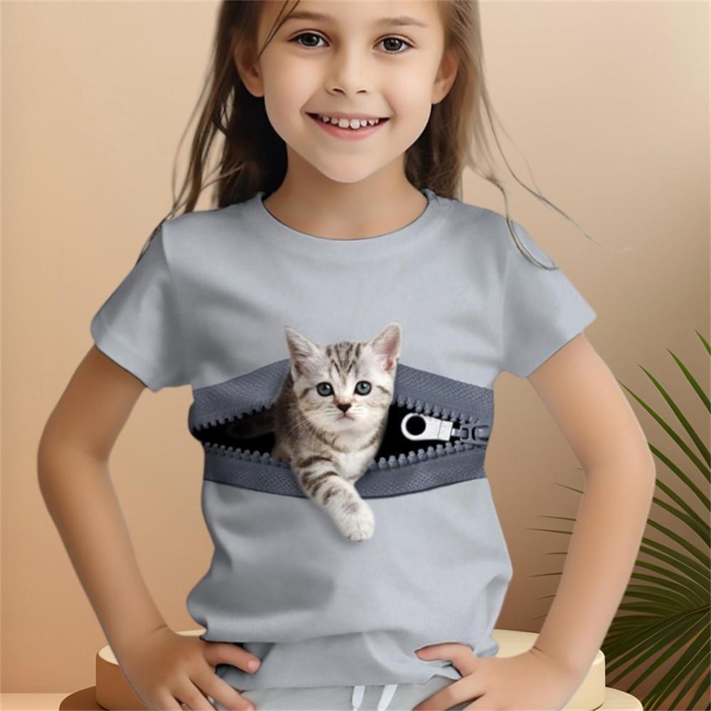 Одежда для девочек с коротким рукавом Детская одежда от 2 до 8 лет Цельные футболки с рисунком кота Кавайные топы Летняя одежда для мальчиков