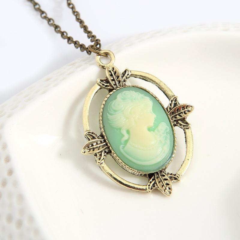 Vintage Style Bronze Light Blue Cameo Necklace The Vampire Diaries Katherine Beauty Head Pendant Necklace For Women